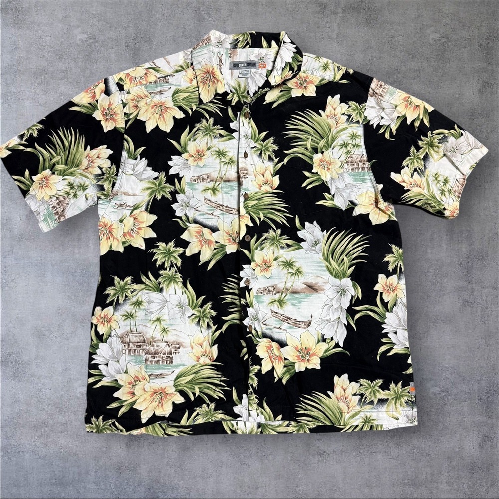 VTG Quicksilver Button Down Hawaiian Shirt Mens XXL Short Sleeve Black Floral